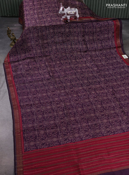 Purple & Maroon Pure Munga Tussar Silk - Kantha Embroidery