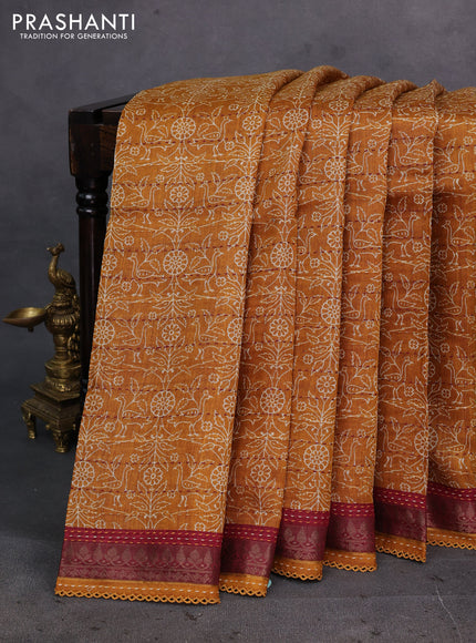 Mustard Yellow & Maroon Pure Munga Tussar Silk - Kantha Embroidery