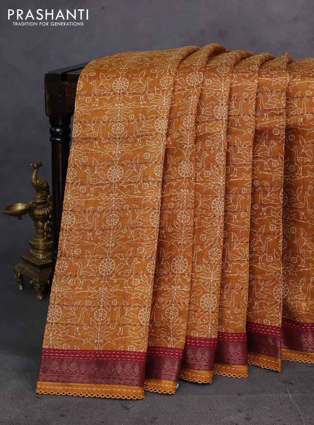Mustard Yellow & Maroon Pure Munga Tussar Silk - Kantha Embroidery