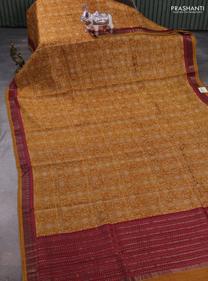 Mustard Yellow & Maroon Pure Munga Tussar Silk - Kantha Embroidery