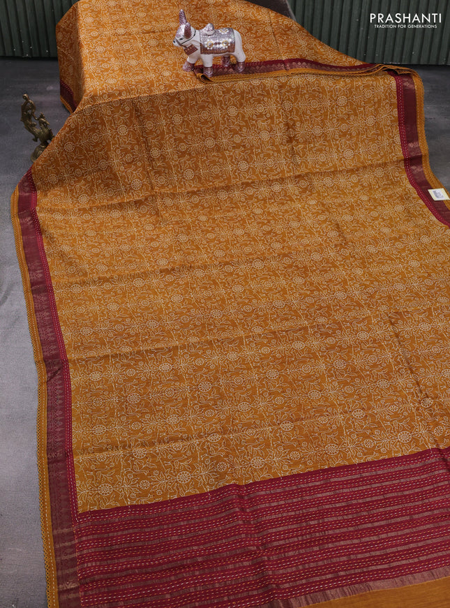 Mustard Yellow & Maroon Pure Munga Tussar Silk - Kantha Embroidery