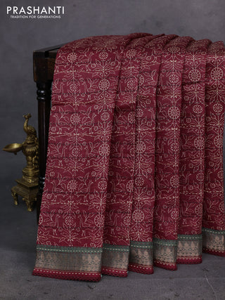 Maroon & Green Pure Munga Tussar Silk - Kantha Embroidery