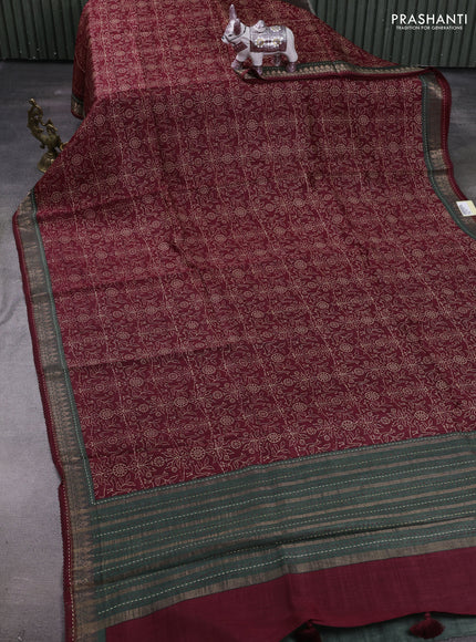 Maroon & Green Pure Munga Tussar Silk - Kantha Embroidery