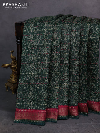 Green & Maroon Pure Munga Tussar Silk - Kantha Embroidery