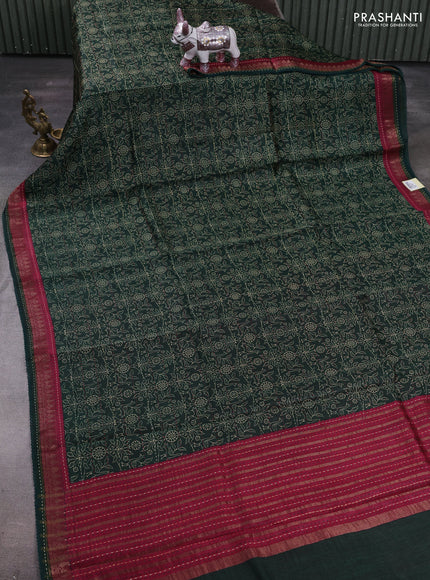 Green & Maroon Pure Munga Tussar Silk - Kantha Embroidery