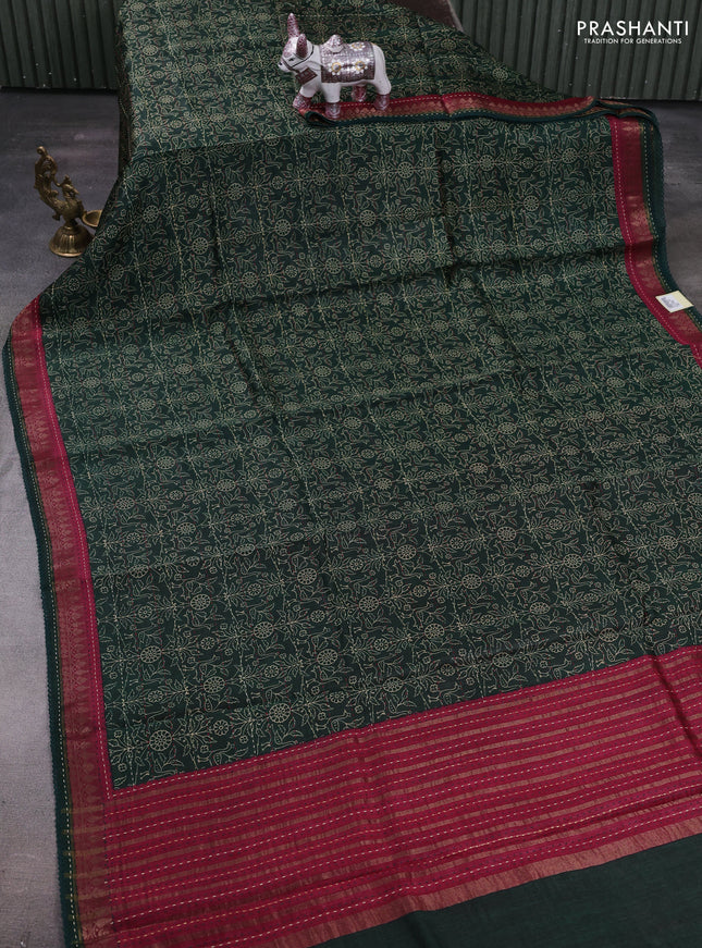 Green & Maroon Pure Munga Tussar Silk - Kantha Embroidery