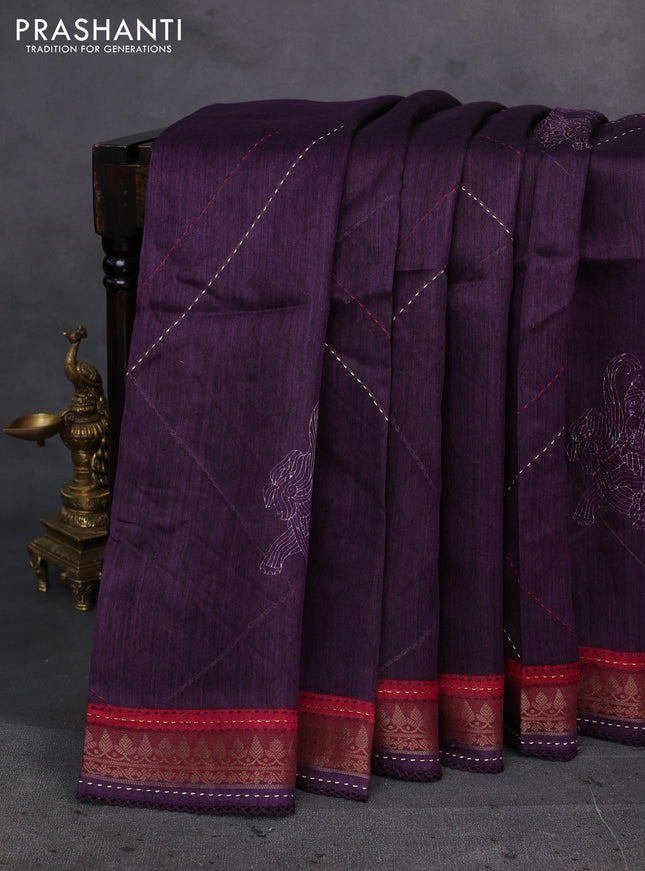 Purple & Maroon Pure Munga Tussar Silk - Kantha Embroidery