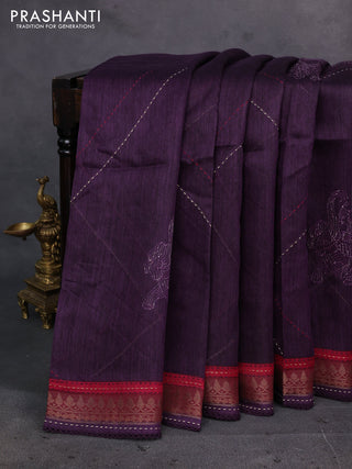 Purple & Maroon Pure Munga Tussar Silk - Kantha Embroidery