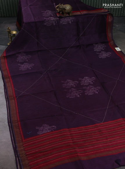 Purple & Maroon Pure Munga Tussar Silk - Kantha Embroidery