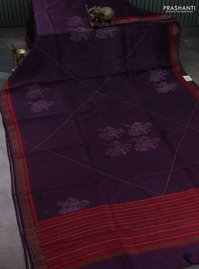 Purple & Maroon Pure Munga Tussar Silk - Kantha Embroidery