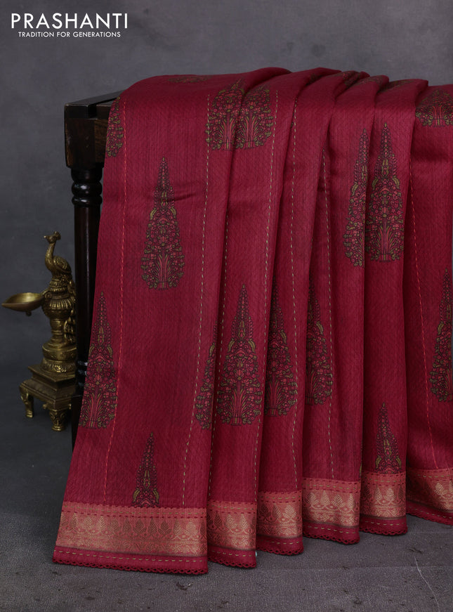 Red & Peach Pure Munga Tussar Silk - Kantha Embroidery