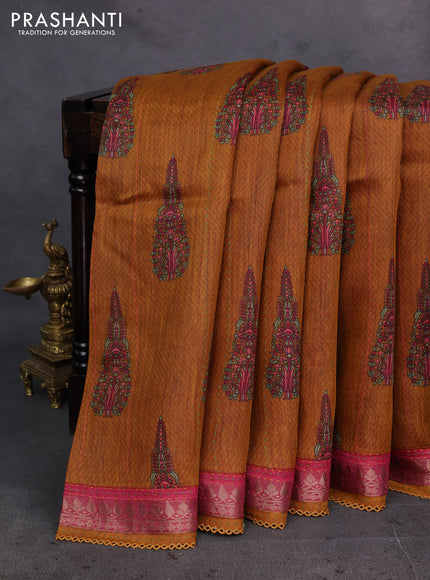 Mustard Yellow & Pink Pure Munga Tussar Silk - Kantha Embroidery