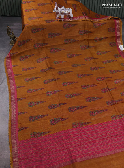 Mustard Yellow & Pink Pure Munga Tussar Silk - Kantha Embroidery