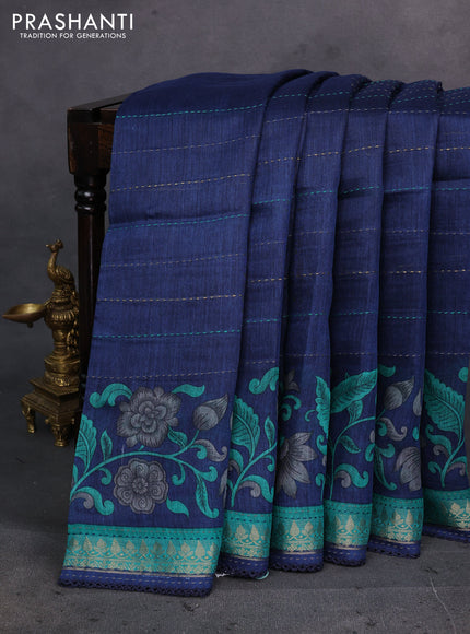 Navy Blue & Teal Green Pure Munga Tussar Silk - Kantha Embroidery