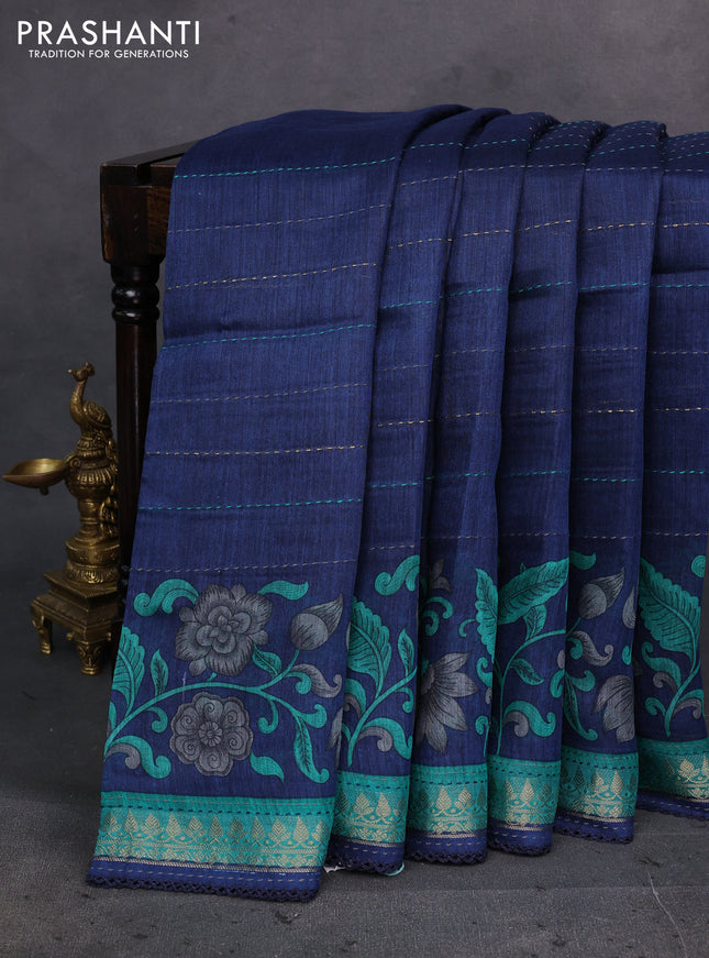 Navy Blue & Teal Green Pure Munga Tussar Silk - Kantha Embroidery