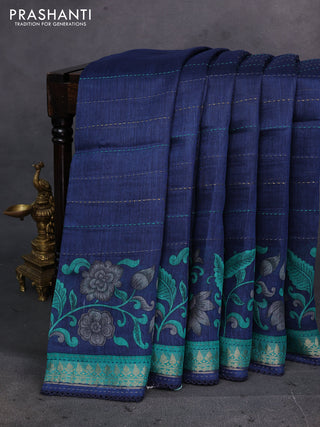 Navy Blue & Teal Green Pure Munga Tussar Silk - Kantha Embroidery