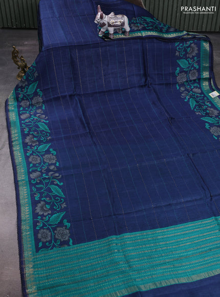 Navy Blue & Teal Green Pure Munga Tussar Silk - Kantha Embroidery