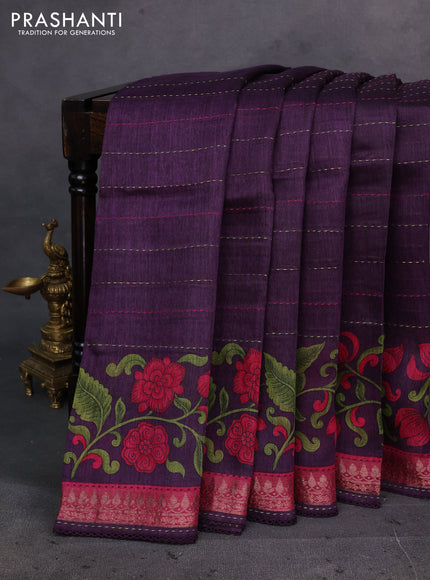 Purple & Pink Pure Munga Tussar Silk - Kantha Embroidery