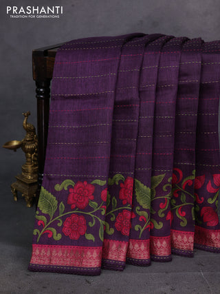 Purple & Pink Pure Munga Tussar Silk - Kantha Embroidery