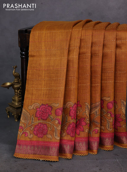 Mustard Yellow & Red Pure Munga Tussar Silk - Kantha Embroidery