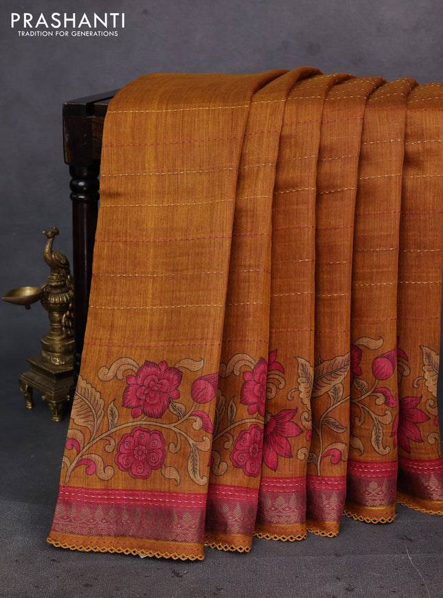 Mustard Yellow & Red Pure Munga Tussar Silk - Kantha Embroidery
