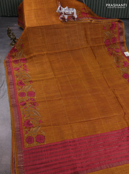 Mustard Yellow & Red Pure Munga Tussar Silk - Kantha Embroidery
