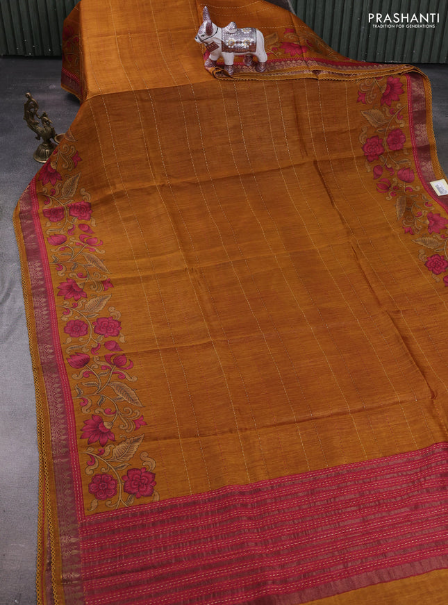 Mustard Yellow & Red Pure Munga Tussar Silk - Kantha Embroidery