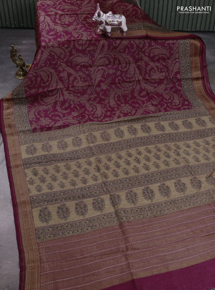 Wine & Beige Pure Munga Tussar Silk - Kantha Embroidery