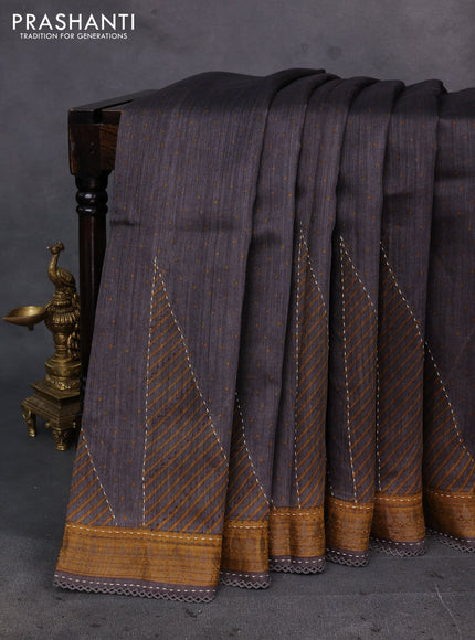 Grey & Mustard Yellow Pure Munga Tussar Silk - Kantha Embroidery