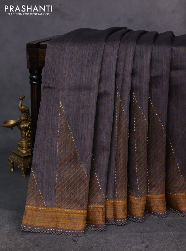 Grey & Mustard Yellow Pure Munga Tussar Silk - Kantha Embroidery