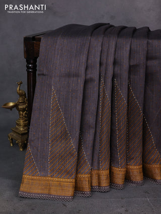 Grey & Mustard Yellow Pure Munga Tussar Silk - Kantha Embroidery