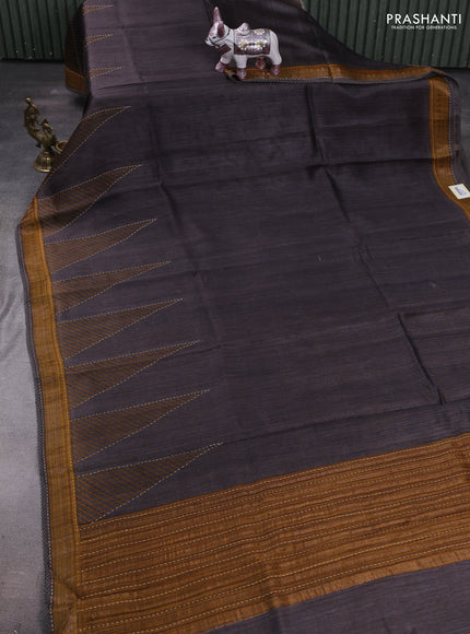 Grey & Mustard Yellow Pure Munga Tussar Silk - Kantha Embroidery