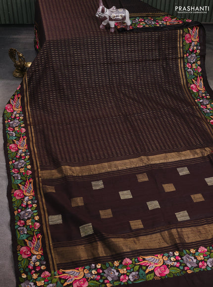Coffee Brown Pure Dupion Silk - Embroidery