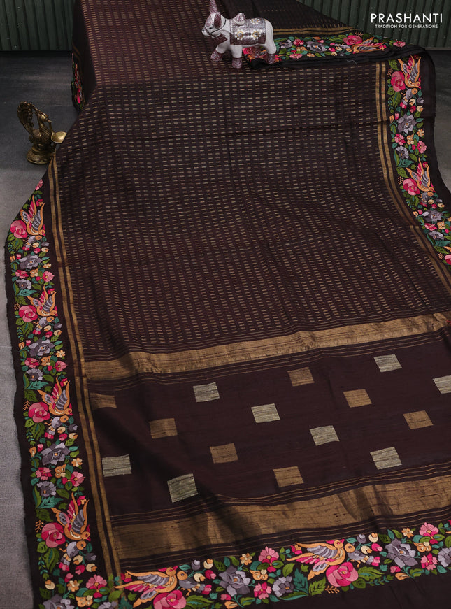 Coffee Brown Pure Dupion Silk - Embroidery