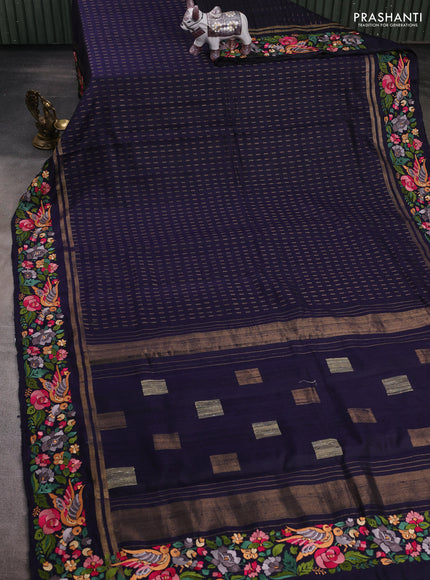 Navy Blue Pure Dupion Silk - Embroidery