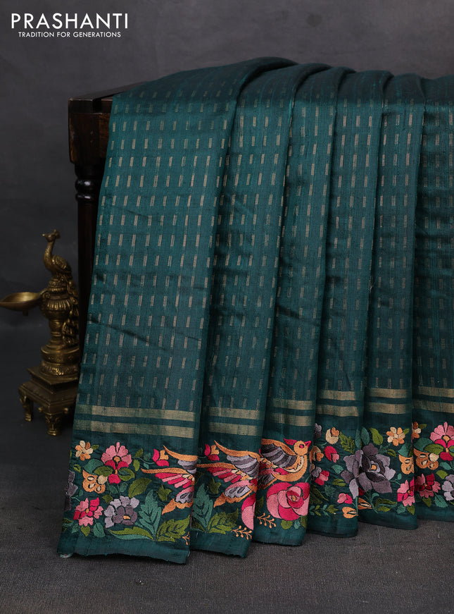 Bottle Green Pure Dupion Silk - Embroidery