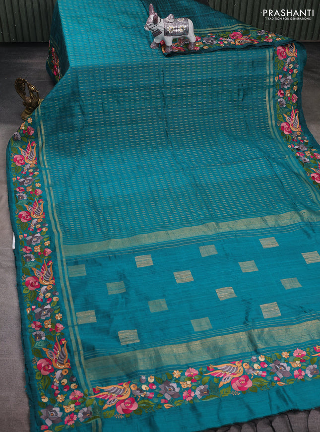 Teal Green Pure Dupion Silk - Embroidery