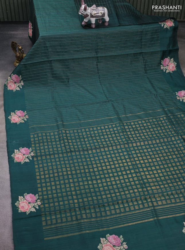 Bottle Green Pure Dupion Silk - Embroidery