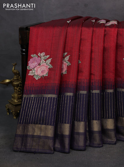 Red & Navy Blue Pure Dupion Silk - Embroidery