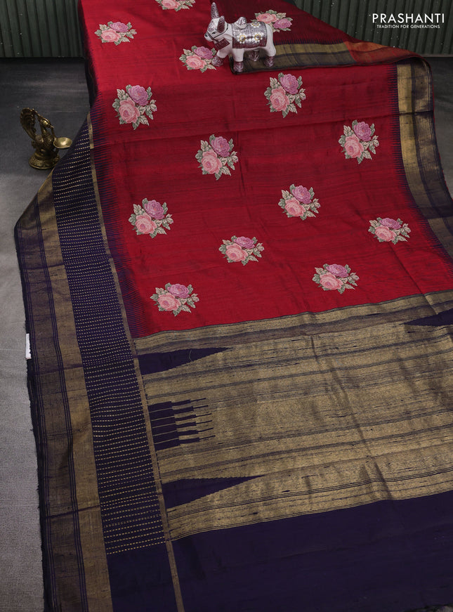 Red & Navy Blue Pure Dupion Silk - Embroidery