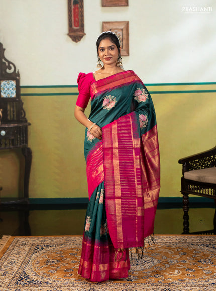 Green & Pink Pure Dupion Silk - Embroidery