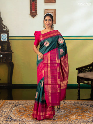 Green & Pink Pure Dupion Silk - Embroidery