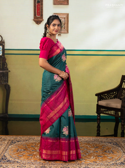 Green & Pink Pure Dupion Silk - Embroidery