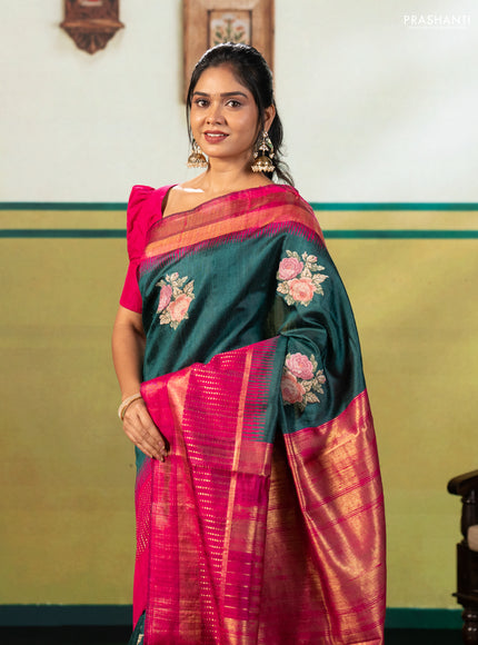 Green & Pink Pure Dupion Silk - Embroidery