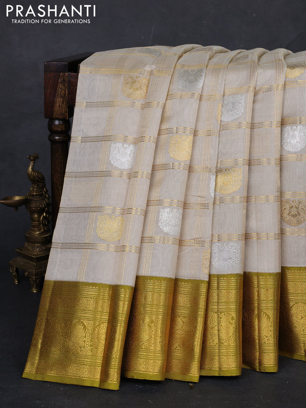 Beige & Mehendi Green Kora Kanchipuram Silk