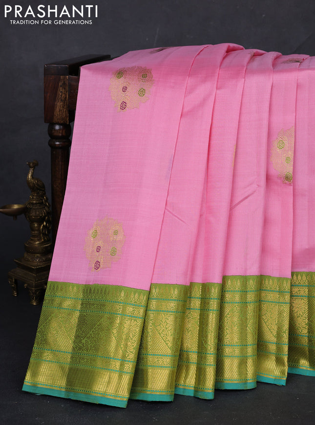 Light Pink & Green Kora Kanchipuram Silk