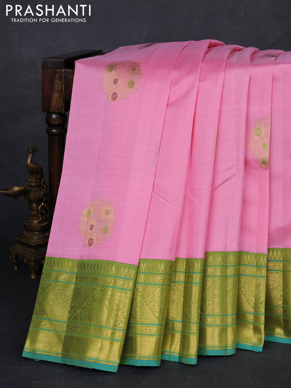 Light Pink & Green Kora Kanchipuram Silk