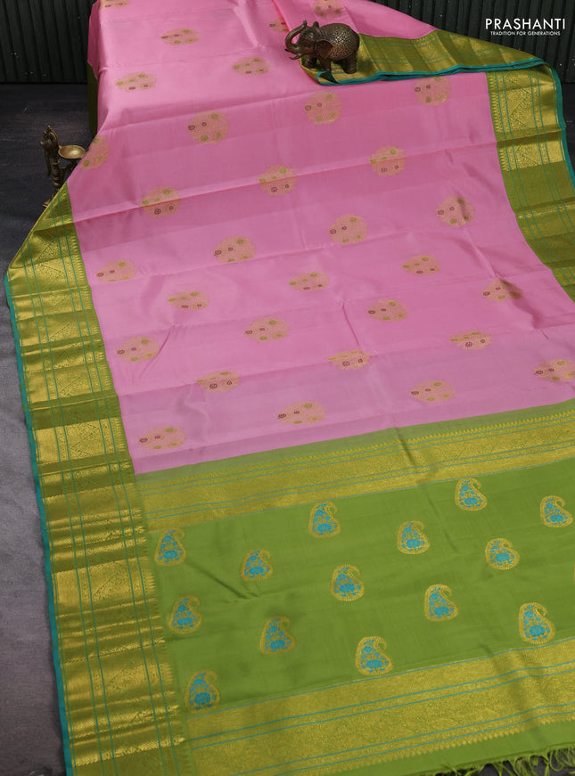 Light Pink & Green Kora Kanchipuram Silk