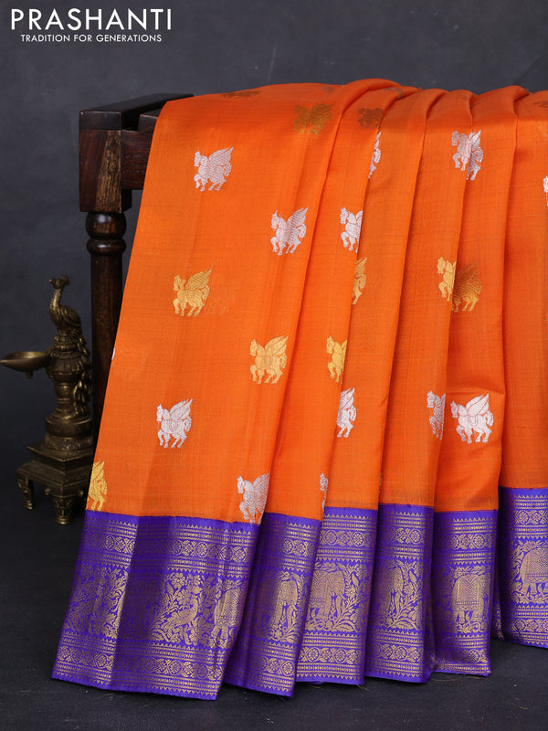 Orange & Blue Kora Kanchipuram Silk