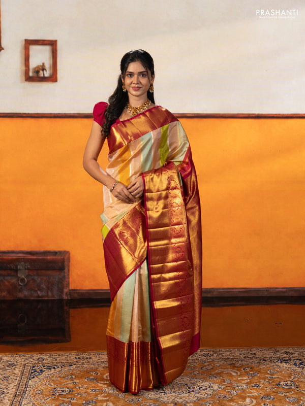 Multi Colour & Pink Kora Kanchipuram Silk